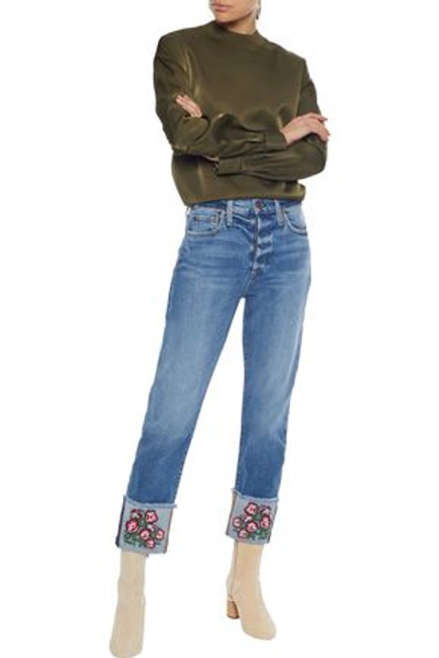 Alice And Olivia Amazing Cropped Embroidered High-rise Slim-leg Jeans In Mid Denim