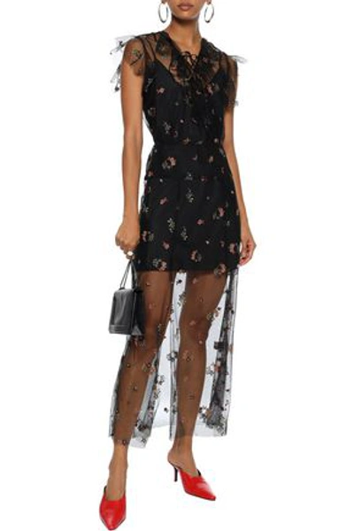 Anna Sui Lace-up Embroidered Tulle Midi Dress In Multicolor