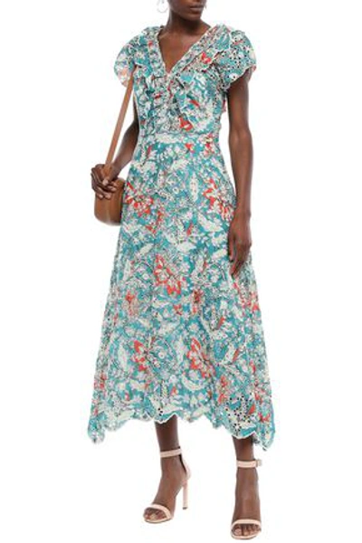 Antik Batik Shiffly Ruffled Floral-print Broderie Anglaise Cotton Midi Dress In Teal