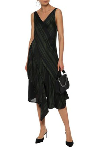 Adeam Woman Moga Asymmetric Lace-paneled Striped Satin Midi Dress Dark Green