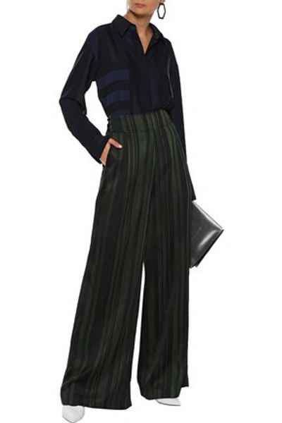 Adeam Button-detailed Striped Satin Wide-leg Pants In Dark Green