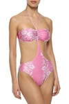 ADRIANA DEGREAS ADRIANA DEGREAS WOMAN CUTOUT RUCHED FLORAL-PRINT HALTERNECK SWIMSUIT PINK,3074457345620496750