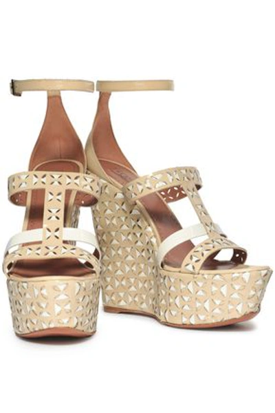 Alaïa Laser-cut Patent-leather Wedge Sandals In Beige