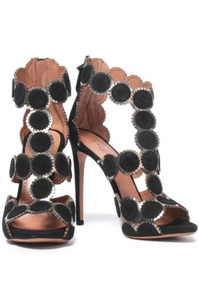 Alaïa Metallic Laser-cut Leather And Suede Sandals In Black