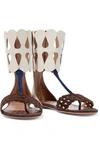 ALAÏA ALAÏA WOMAN COLOR-BLOCK LASER-CUT SUEDE SANDALS ECRU,3074457345619550451