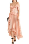 ALEXANDER MCQUEEN ASYMMETRIC RUFFLED POINTELLE-KNIT SILK MIDI DRESS,3074457345620748057