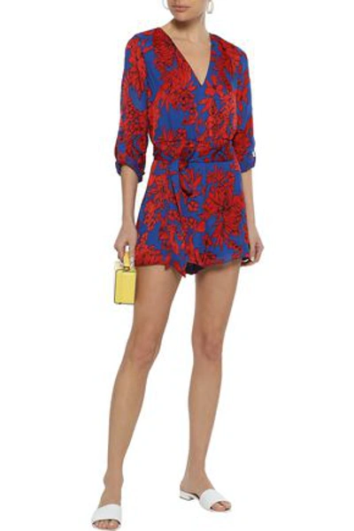 Alice And Olivia Melia Belted Floral-print Crepe De Chine Playsuit In Blue
