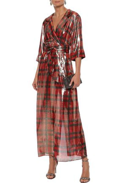 Alice And Olivia Chap Checked Silk-blend Lamé Maxi Wrap Dress In Brick