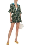 ANNA SUI ANNA SUI WOMAN SATIN-TRIMMED PRINTED SILK-CREPE PEPLUM JACKET FOREST GREEN,3074457345620939076