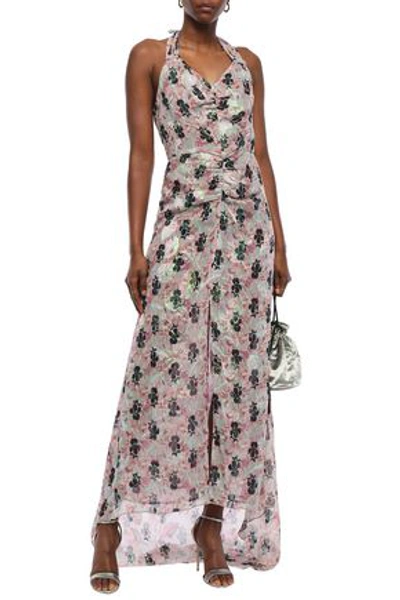 Anna Sui Ruched Printed Fil Coupé Silk-blend Halterneck Gown In Blush