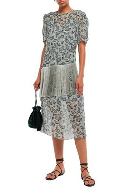 Anna Sui Fringed Printed Georgette Midi Dress In Grey Green