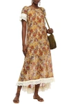 ANNA SUI ANNA SUI WOMAN BRODERIE ANGLAISE-TRIMMED PRINTED COTTON AND SILK-BLEND MIDI DRESS CAMEL,3074457345620923265