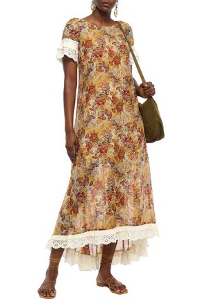 Anna Sui Woman Broderie Anglaise-trimmed Printed Cotton And Silk-blend Midi Dress Camel