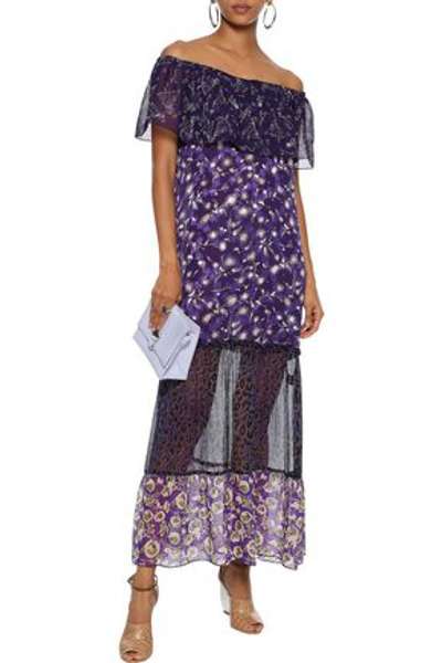 Anna Sui Off-the-shoulder Printed Chiffon, Georgette And Fil Coupé Silk Maxi Dress In Purple