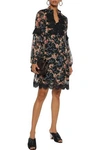 ANNA SUI ANNA SUI WOMAN GUIPURE LACE-TRIMMED PRINTED FIL COUPÉ SILK-BLEND MINI DRESS BLACK,3074457345620729888