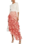 ANTONIO BERARDI ANTONIO BERARDI WOMAN ASYMMETRIC RUFFLED PRINTED FIL COUPÉ CHIFFON MAXI SKIRT CORAL,3074457345620784037