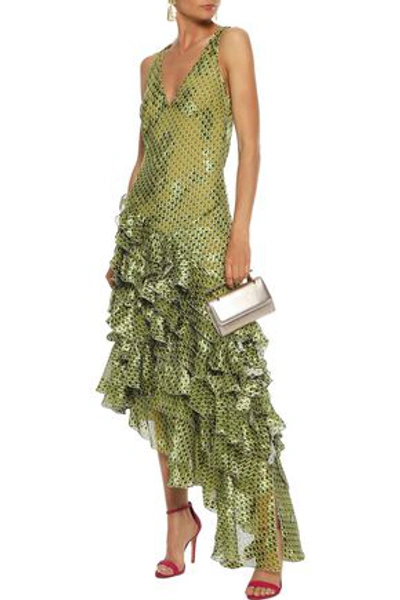 Antonio Berardi Asymmetric Ruffled Printed Fil Coupé Chiffon Gown In Leaf Green