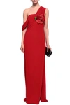 BADGLEY MISCHKA ONE-SHOULDER GEORGETTE-PANELED FLORAL-APPLIQUÉD CADY GOWN,3074457345620403784