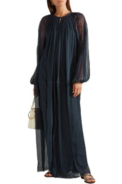 Chloé Woman Crochet-trimmed Silk-georgette Maxi Dress Storm Blue