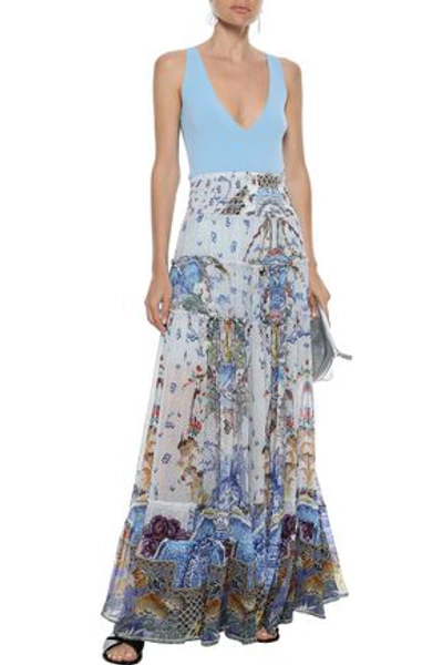 Camilla Woman Geisha Gateways Crystal-embellished Printed Silk-georgette Maxi Skirt Sky Blue