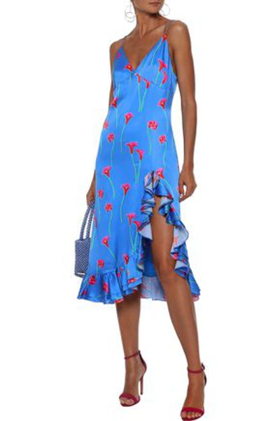 Caroline Constas Woman Elvira Ruffle-trimmed Floral-print Stretch-cotton Sateen Slip Dress Azure