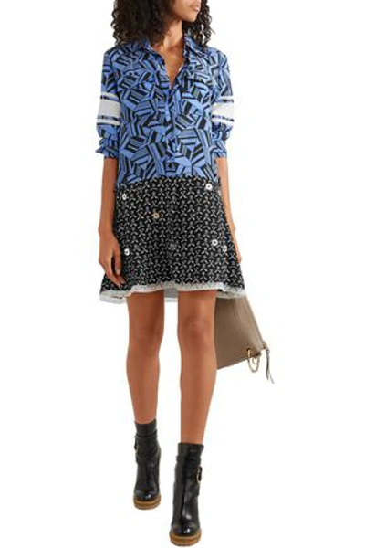 Chloé Woman Embellished Printed Silk Crepe De Chine Mini Shirt Dress Azure