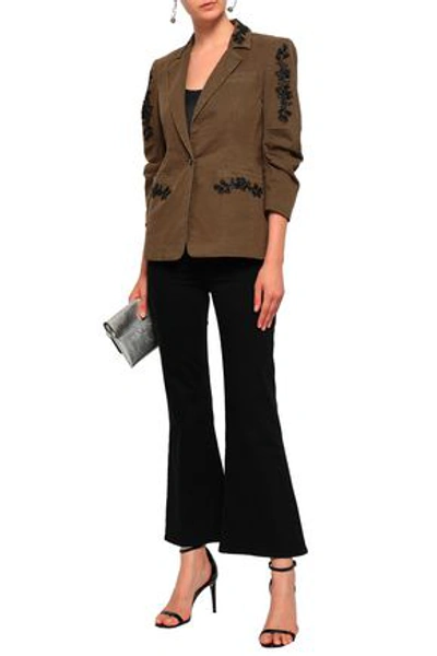 Cinq À Sept Gathered Embellished Cotton-blend Twill Blazer In Army Green