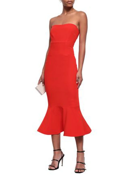 Cinq À Sept Fluted Strapless Crepe Midi Dress In Venetian Red