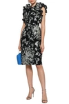 CO LACE-UP BELTED RUFFLED BROCADE DRESS,3074457345620671472