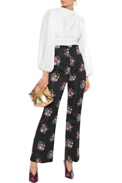 Emilia Wickstead Nella Floral-print Satin Bootcut Trousers In Black