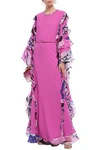 EMILIO PUCCI EMILIO PUCCI WOMAN BELTED RUFFLED CHIFFON-TRIMMED SILK-BLEND CREPE KAFTAN FUCHSIA,3074457345620805758