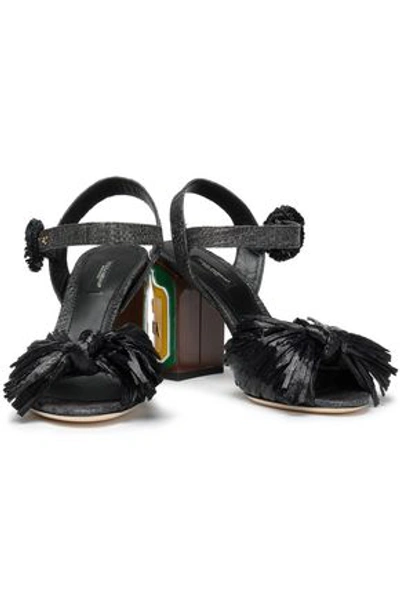 Dolce & Gabbana Keira Bow-embellished Woven Straw And Raffia Sandals In Black