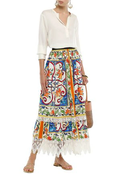 Dolce & Gabbana Woman Guipure Lace-trimmed Cotton-poplin Maxi Skirt Ivory