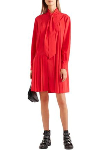 Givenchy Tie-neck Pleated Silk-blend Crepe De Chine Mini Dress In Red