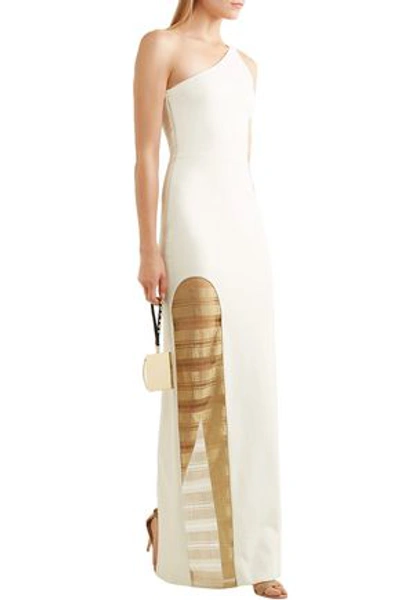 Haney Petra One-shoulder Metallic Mesh-paneled Ponte Gown In Ivory