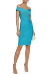 HERVE LEGER HERVÉ LÉGER WOMAN OFF-THE-SHOULDER BANDAGE DRESS TURQUOISE,3074457345619882007