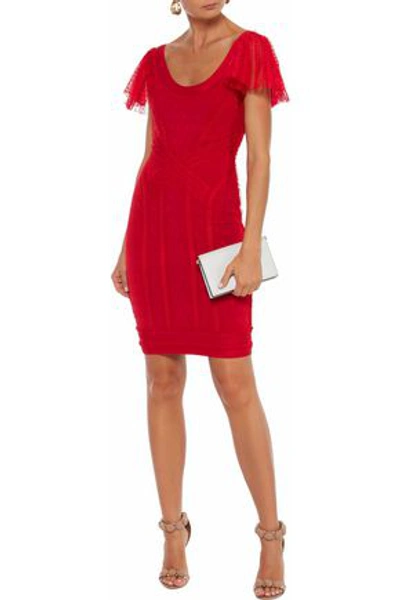 Herve Leger Tulle-trimmed Cloqué-bandage Mini Dress In Red