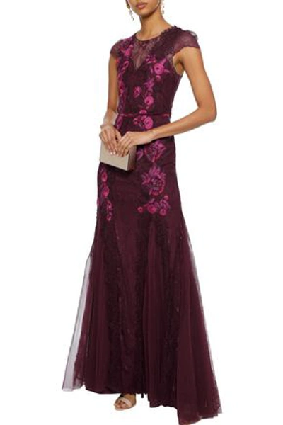 Marchesa Notte Tulle-paneled Embellished Chantilly Lace Gown In Plum