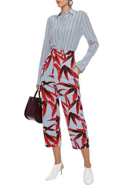 Marni Woman Cropped Printed Cotton And Linen-blend Straight-leg Pants Sky Blue