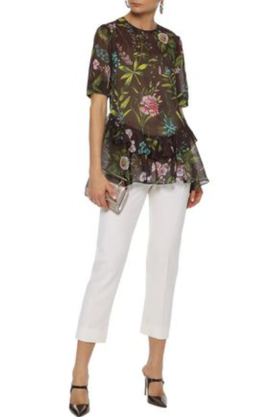 Lela Rose Ruffle-trimmed Floral-print Cotton-organza Top In Plum