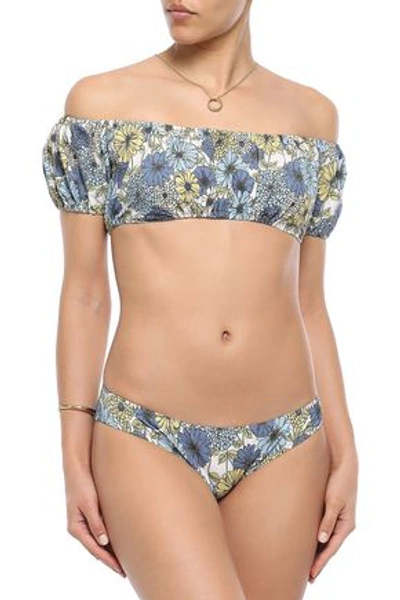 Lisa Marie Fernandez Off-the-shoulder Floral-print Cotton-blend Bikini In Light Blue