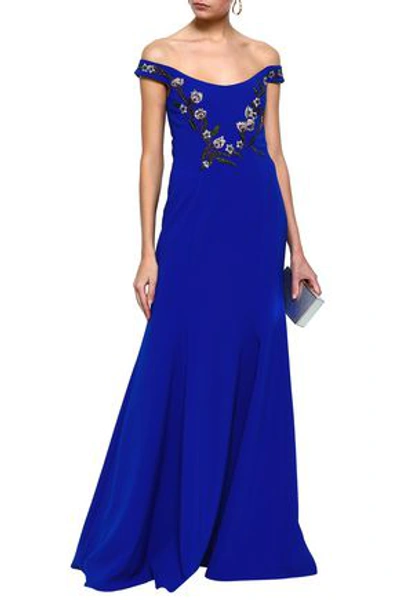 Marchesa Notte Off-the-shoulder Embellished Cady Gown In Royal Blue