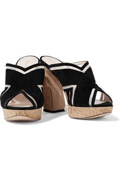 Nicholas Kirkwood Woman Faux Pearl-embellished Mesh-trimmed Suede And Cork Platform Mules Black