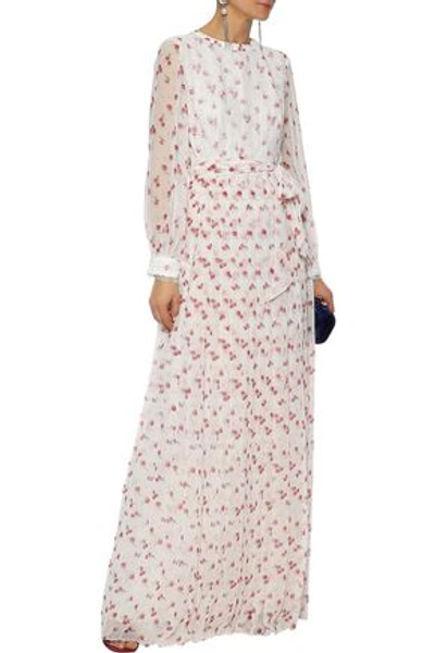 Mikael Aghal Chantilly Lace-appliquéd Pleated Floral-print Chiffon Maxi Dress In White