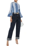 OSCAR DE LA RENTA OSCAR DE LA RENTA WOMAN PINTUCKED STRIPED COTTON-BLEND POPLIN SHIRT COBALT BLUE,3074457345620679191