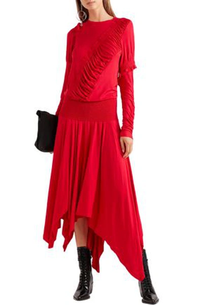 Preen Line Estela Asymmetric Ruched Stretch-cotton Jersey Midi Dress In Tomato Red