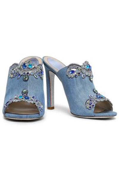 René Caovilla Rene' Caovilla Woman Embellished Cutout Denim Mules Light Denim