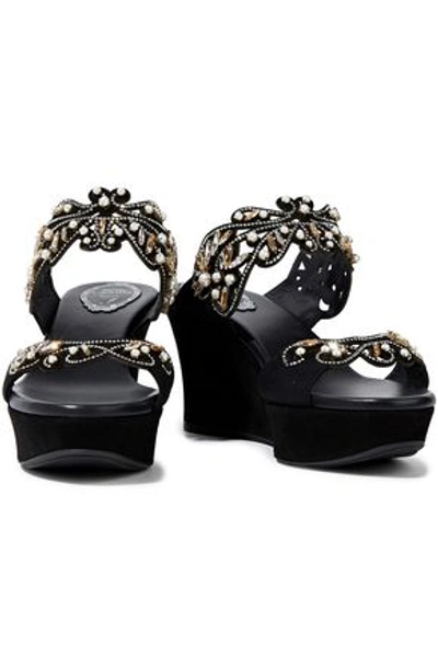 René Caovilla Rene' Caovilla Woman Cutout Embellished Suede Wedge Sandals Black