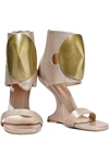 RICK OWENS DISC EMBELLISHED METALLIC TEXTURED-LEATHER WEDGE SANDALS,3074457345620997724
