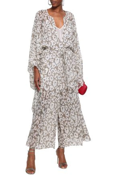 Roberto Cavalli Draped Belted Leopard-print Silk-georgette Jumpsuit In Off-white